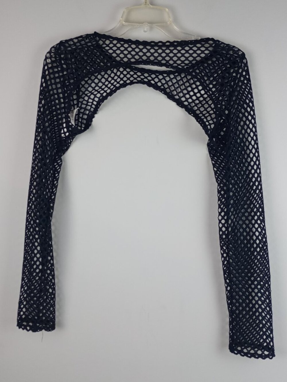 Shein Womens L Black Fishnet Goth Emo Punk Super Crop Long Sleeve Shrug Top - Picture 2 of 7